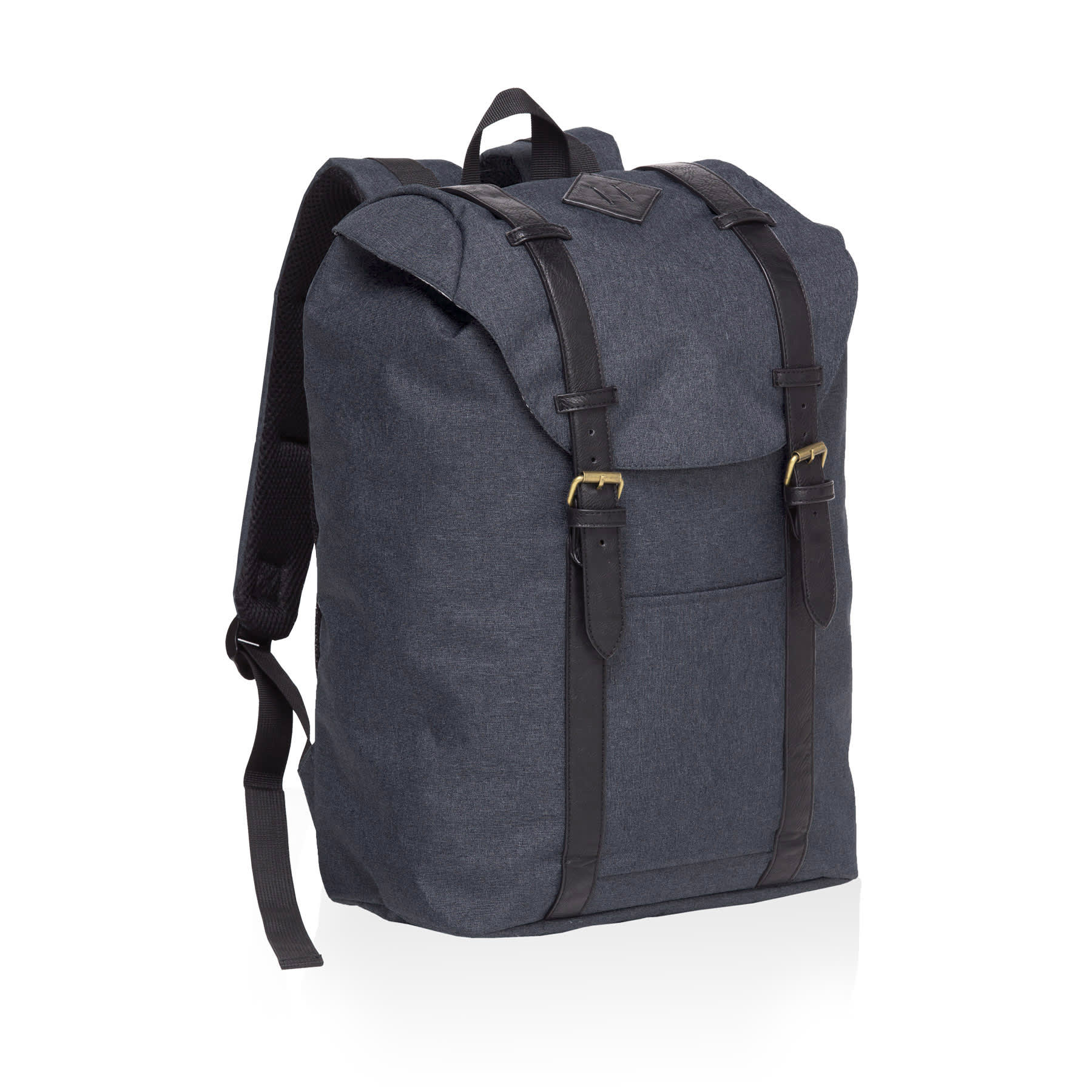 A dark grey front-side backpack with black straps and a flap closure, featuring a logo on the front. smpli Front-Side Backpack - Image 1
