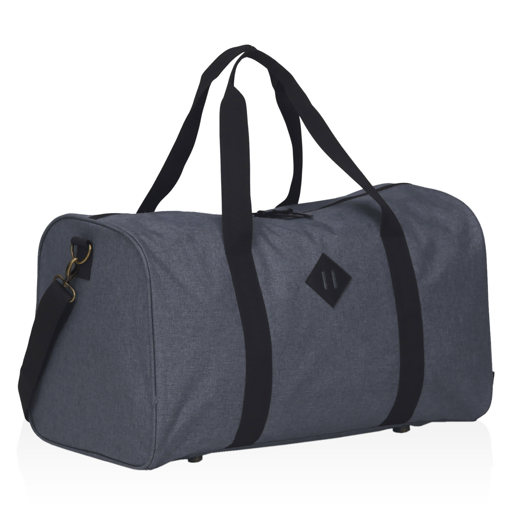 A grey duffle bag featuring sturdy black straps and a logo, designed for versatility and style. smpli Konnect Duffle - Image 1
