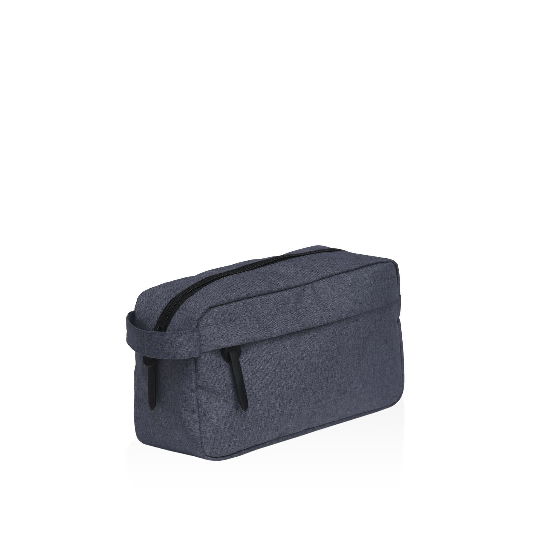 A grey toiletry bag with a zip closure and a side handle, featuring a simple design and an attached logo. smpli Wetpac Wash Kit - Image 1
