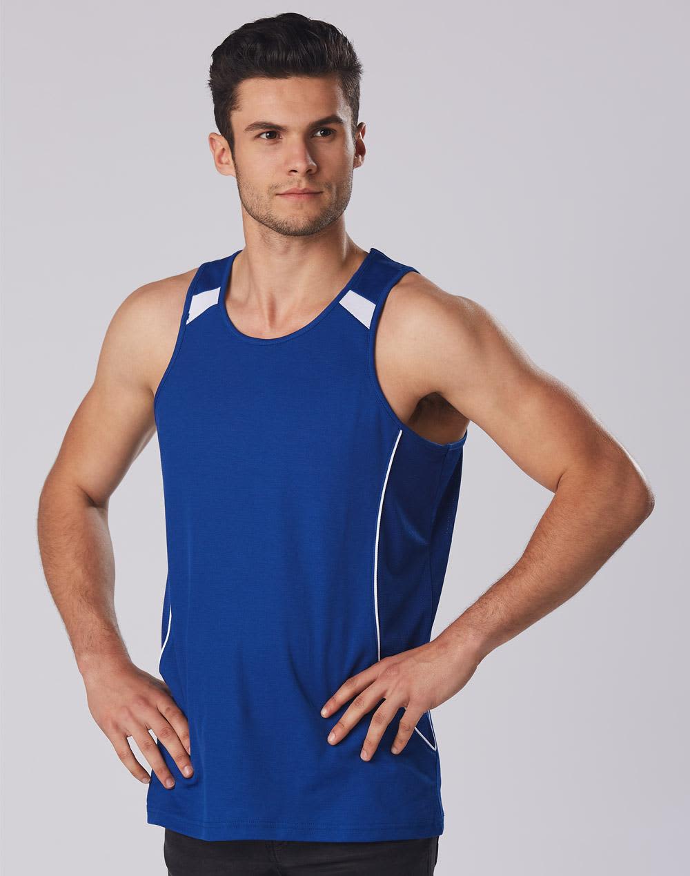 A blue men's singlet with white accents and a logo on the chest. Styled with a slim fit. Men's Truedry Fashion Singlet - Image 1
