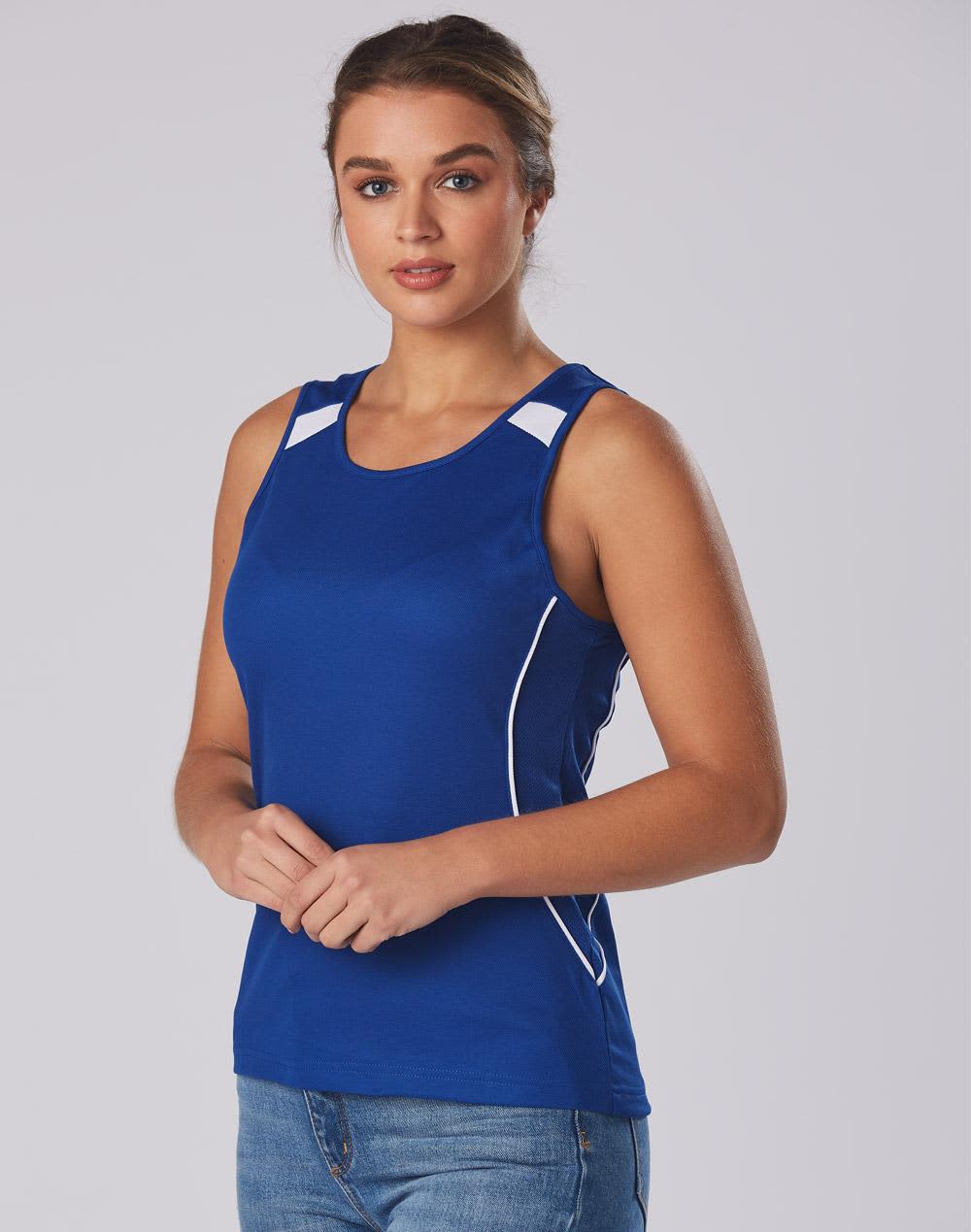 A blue ladies' singlet featuring white accents and a logo, suitable for casual wear. Ladies' Truedry Fashion Singlet - Image 1
