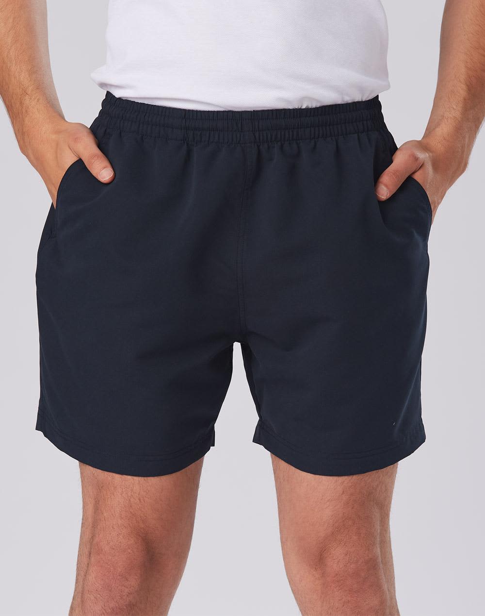 Adult microfibre shorts in navy blue with an elastic waistband and side pockets. Features a logo on the hem. Adult microfibre shorts - Image 1