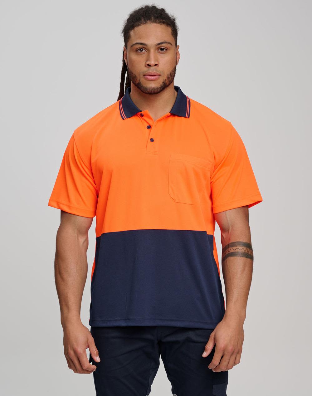 A high-visibility short-sleeve safety polo in bright yellow with a navy blue bottom section and a pocket. Hi-Vis truedry safety polo S/S - Image 1