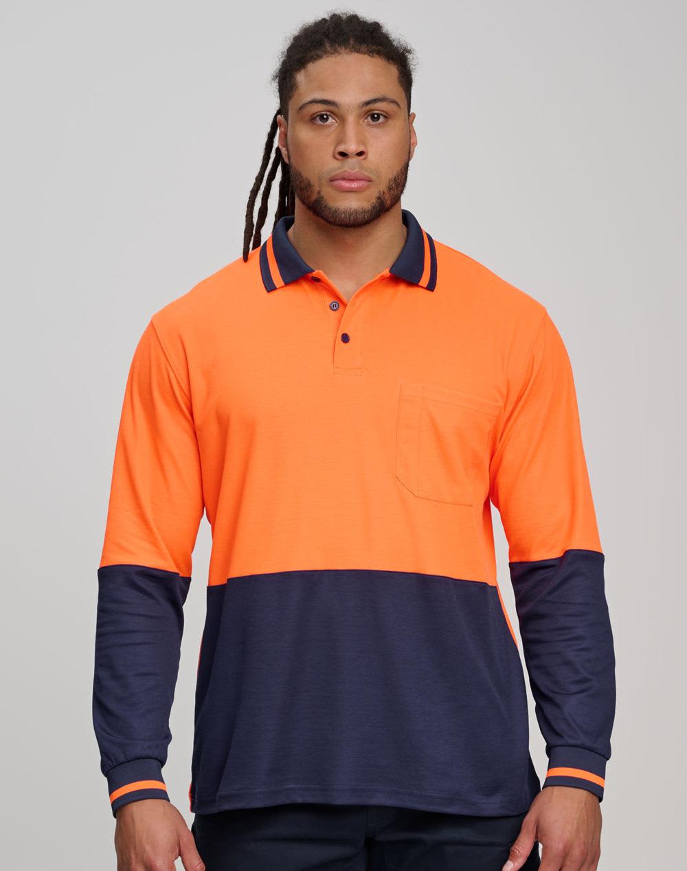 A long-sleeve safety polo shirt in bright yellow and navy blue, featuring a pocket and a logo. Hi-Vis truedry safety polo L/S - Image 1