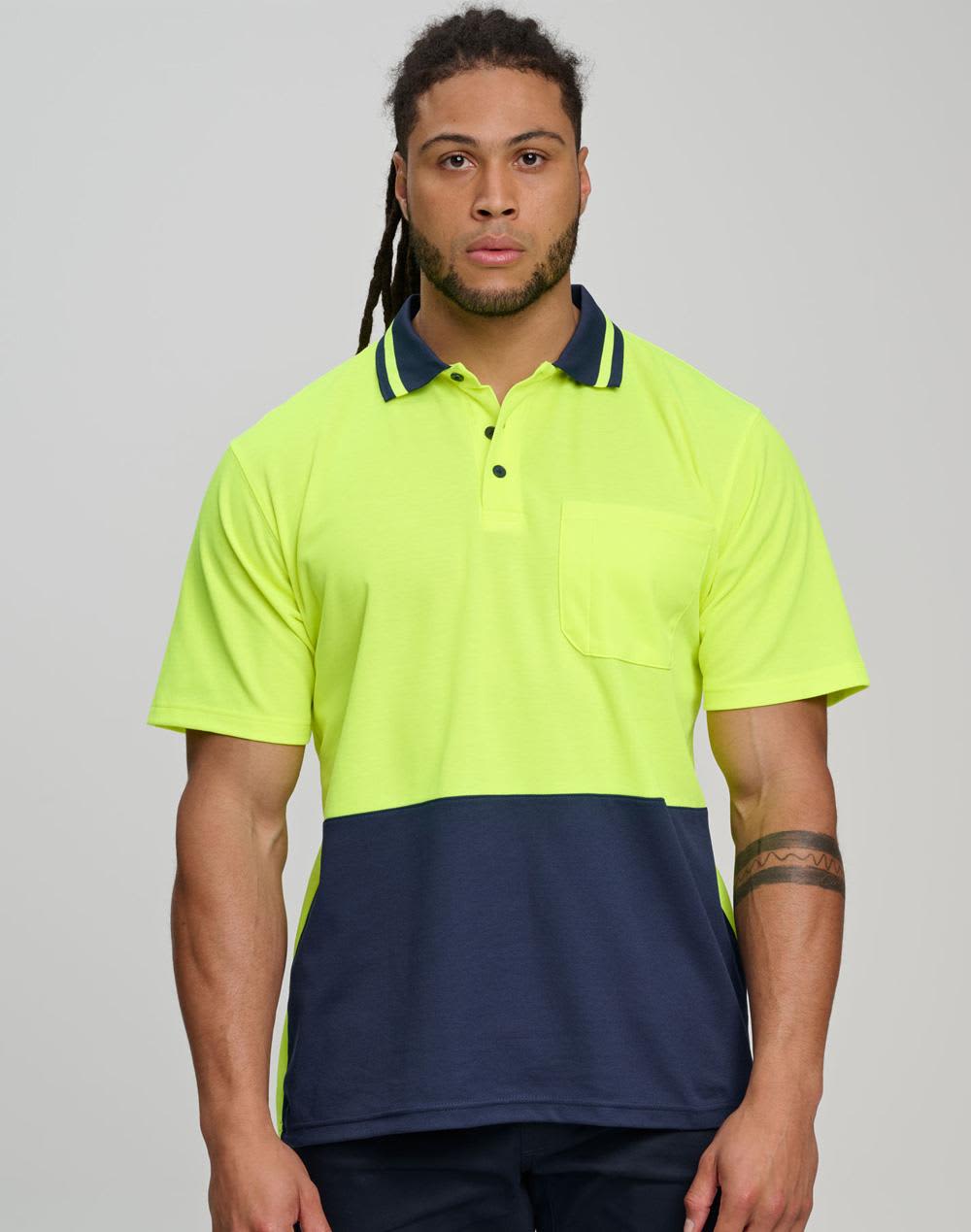 A bright orange and navy safety polo with a collar and short sleeves. It includes a pocket and features a logo. Hi-Vis truedry safety polo S/S - Image 1
