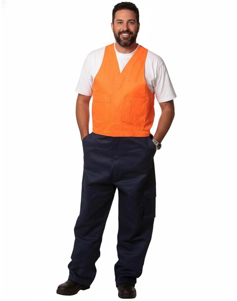 Men's cotton drill overall in navy with an orange vest, featuring pockets and a casual fit. Includes a logo. Hi-His Two Tone Men's Cotton Drill Action Back Overall-Stout - Image 1