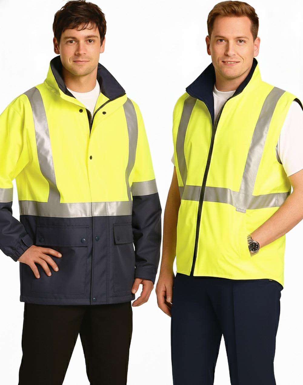 Hi-Vis three-in-one safety jacket in yellow and navy, featuring reflective 3M tapes, worn by two male models. Hi-Vis Three in One Safety Jacket with 3M Tapes - Image 1