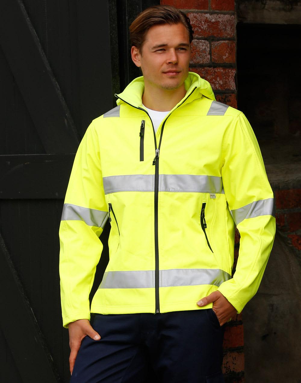 A bright yellow softshell hooded jacket featuring reflective 3M tape, with zippered pockets and a branding logo. Hi-Vis Softshell Hooded Jacket With 3M Tape - Image 1