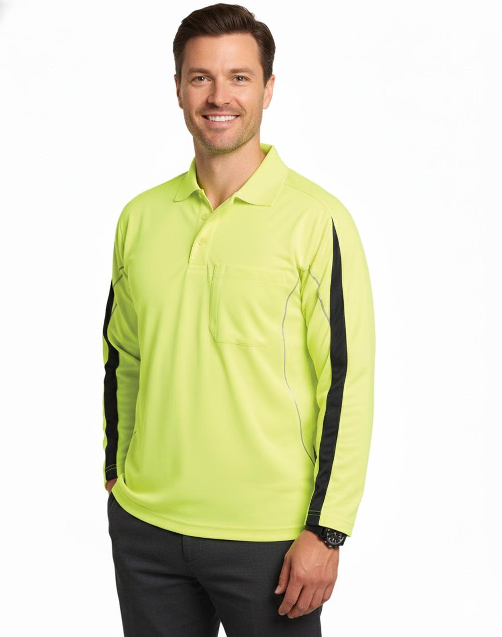 A men's long-sleeve high-visibility polo shirt in bright yellow with black accents and a logo. Men's Truedry L/S Hi-Vis Polo - Image 1