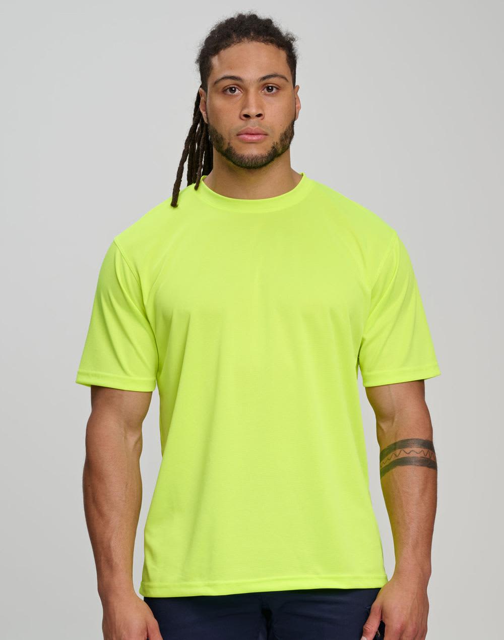 A hi-vis mini waffle safety tee in bright orange worn by two people in a workshop setting. Features a logo. Cooldry Hi-Vis Mini Waffle Safety Tee - Image 1