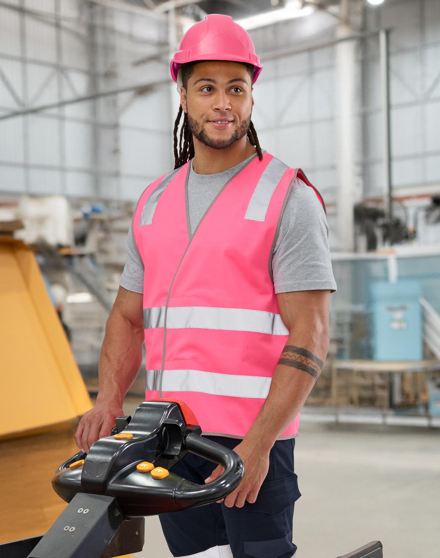 Hi vis safety vests in fluorescent yellow and orange, featuring reflective shoulder tapes, worn by a male and female model. Hi Vis Safety Vest With Shoulder Reflective Tapes - Image 1