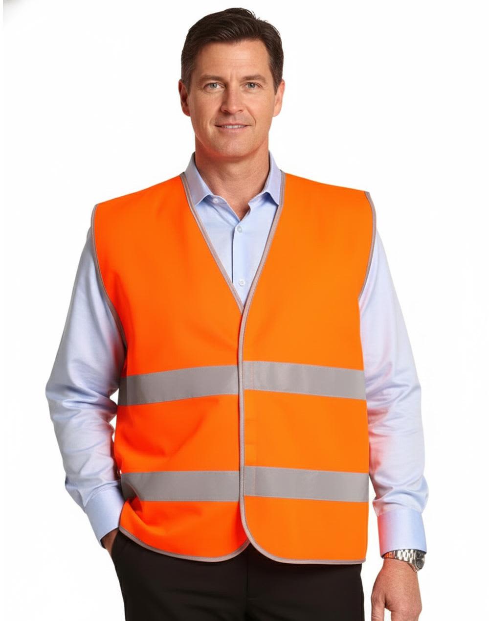 An orange hi-vis safety vest with reflective tapes worn over a light blue shirt and black trousers. It features a logo. Hi-Vis Safety Vest With Reflective Tapes - Image 1