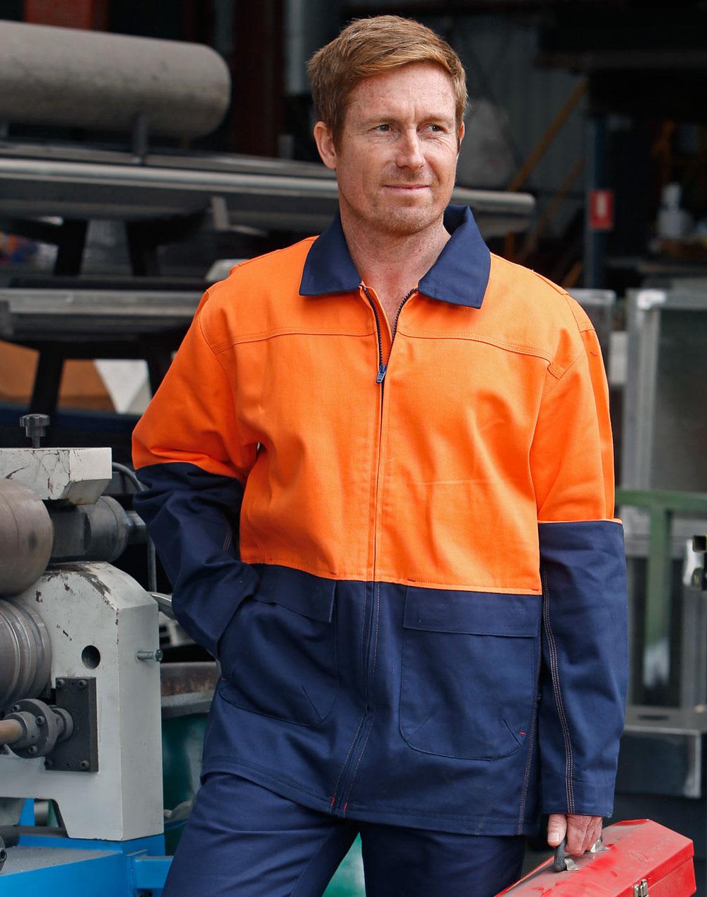 A Hi-Vis two-tone work jacket featuring bright orange and navy blue colours, with a logo on the front. Hi-Vis Two Tone Work Jacket - Image 1