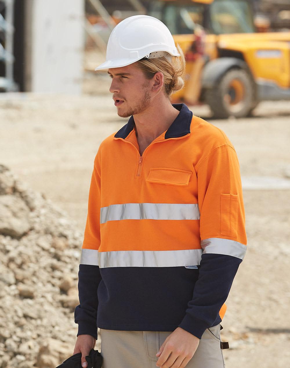 Hi-vis two-tone cotton fleecy sweat in orange and navy, featuring 3M reflective tapes and a chest pocket. Hi-Vis Two Tone Cotton Fleecy Sweat With 3M tapes - Image 1