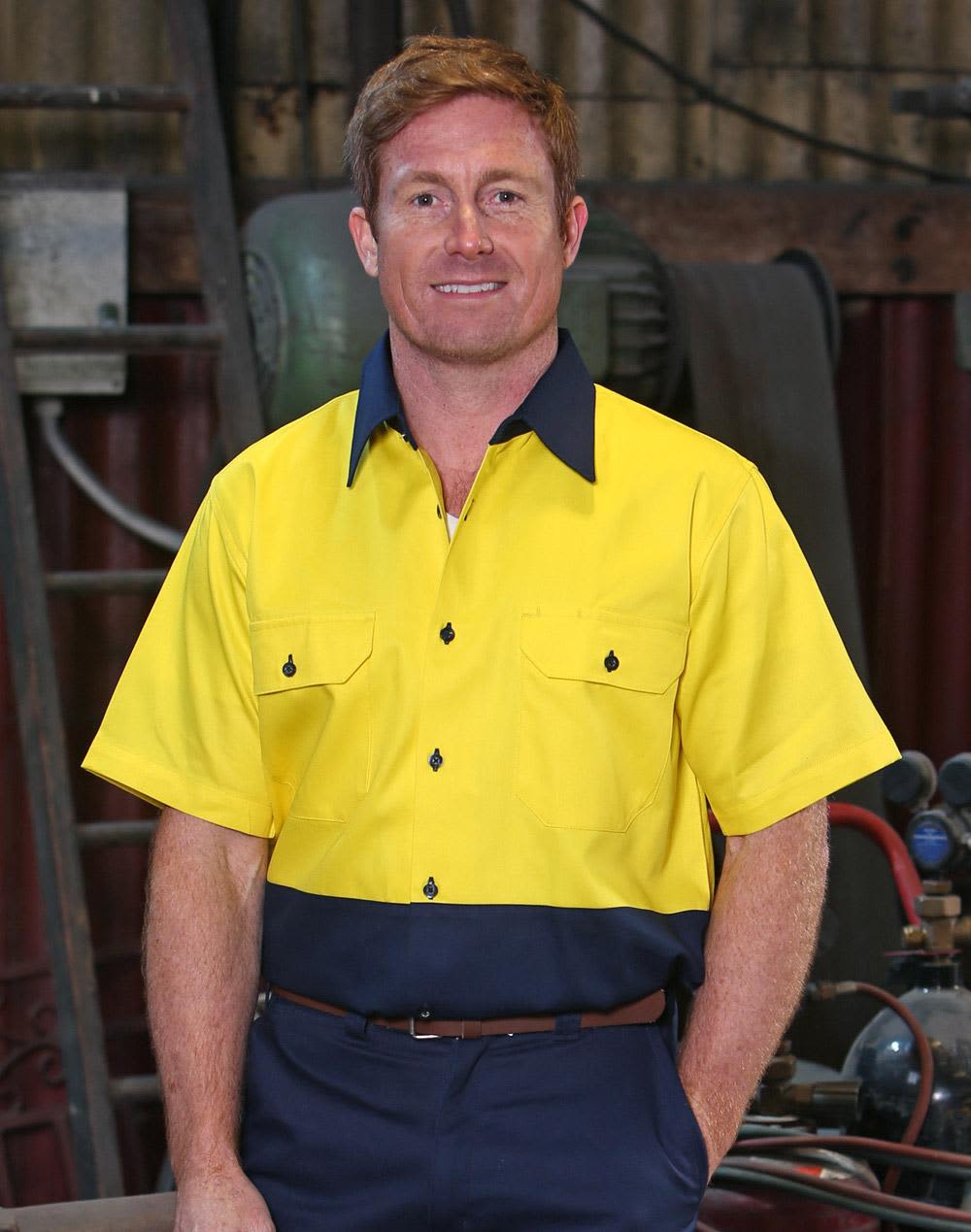 A short-sleeved Hi-Vis work shirt in yellow and navy with a logo and button details. Hi-Vis two tone S/S cotton work shirt - Image 1