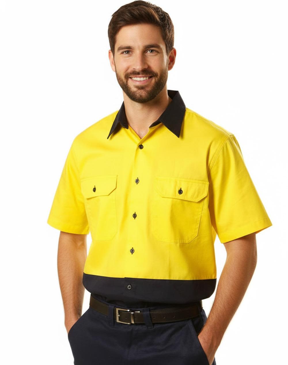 A short-sleeved, two-tone cotton work shirt in bright yellow and navy, featuring a logo and two chest pockets. Hi-Vis two tone S/S cotton work shirt - Image 1