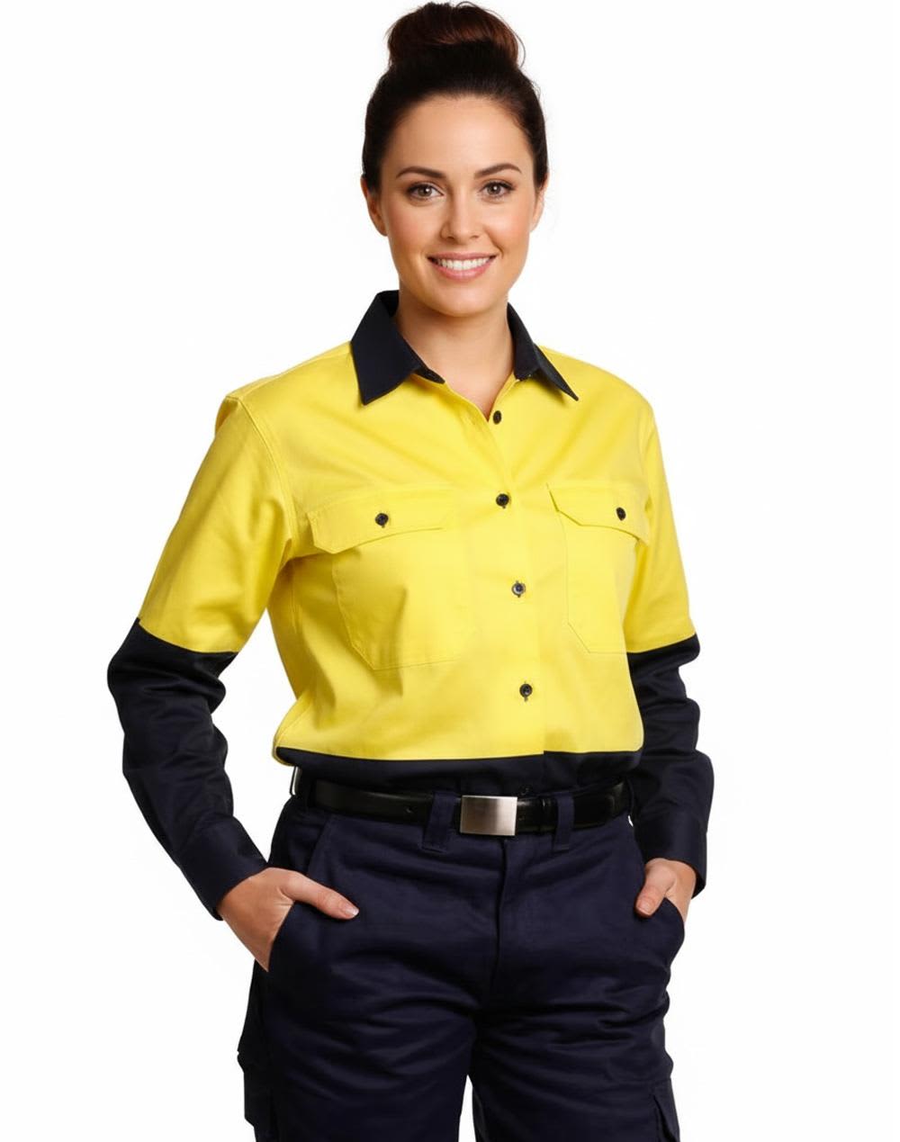 A women's long-sleeve safety shirt in hi-vis yellow with navy blue sleeves, featuring pockets and a collar. Ladies' Hi-Vis L/S Safety Shirt - Image 1