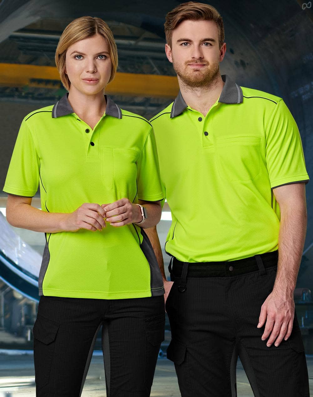 A vibrant hi-vis yellow polo shirt with grey accents, featuring a pocket, modelled by a male and female duo. Hi-Vis Bamboo Charcoal Vented S/S Polo - Image 1