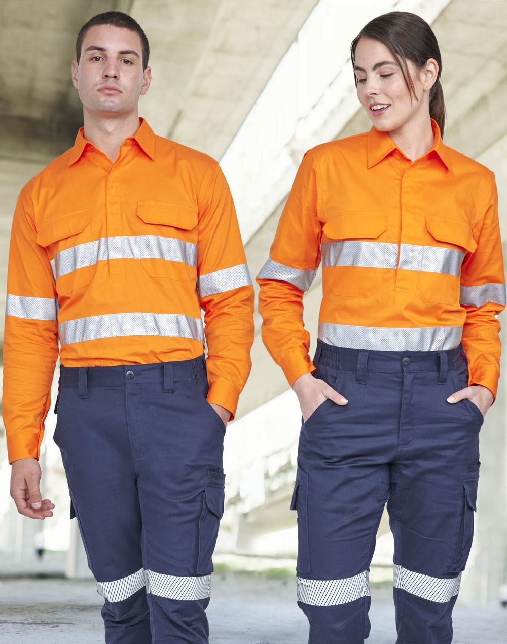 Hi Vis long-sleeve shirt in orange with reflective tape, worn by two models standing outdoors in navy pants. Hi Vis Cool-Breeze Closed Front L/S Shirt (Perforated Tape) - Image 1
