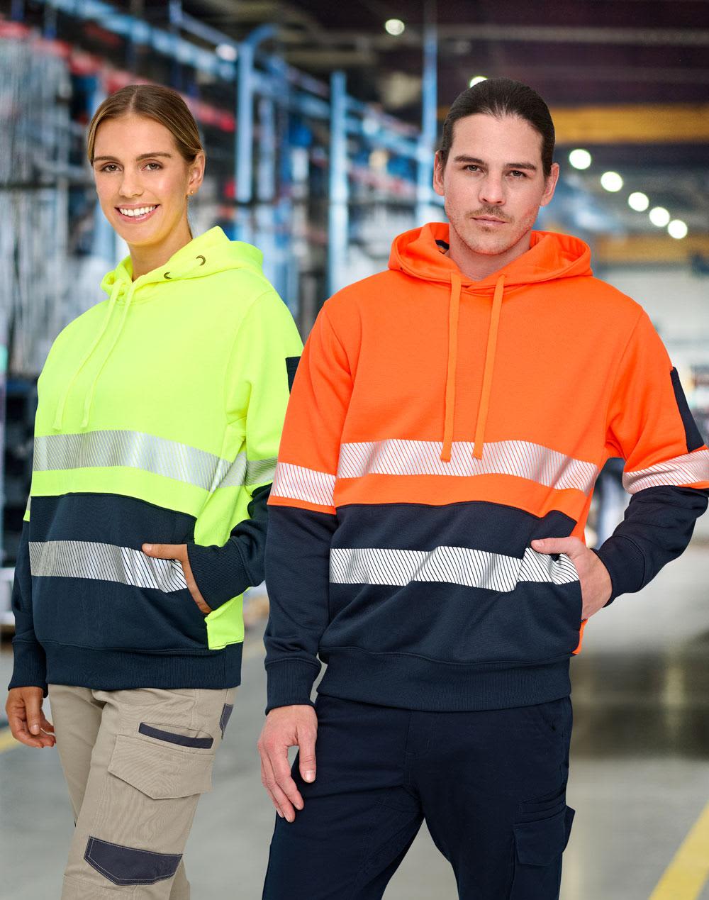 A Hi-Vis two-tone safety hoodie in fluorescent yellow and orange with segmented reflective tape, featuring a logo. Hi-Vis Two Tone Safety Hoodie With Segmented Tapes - Image 1