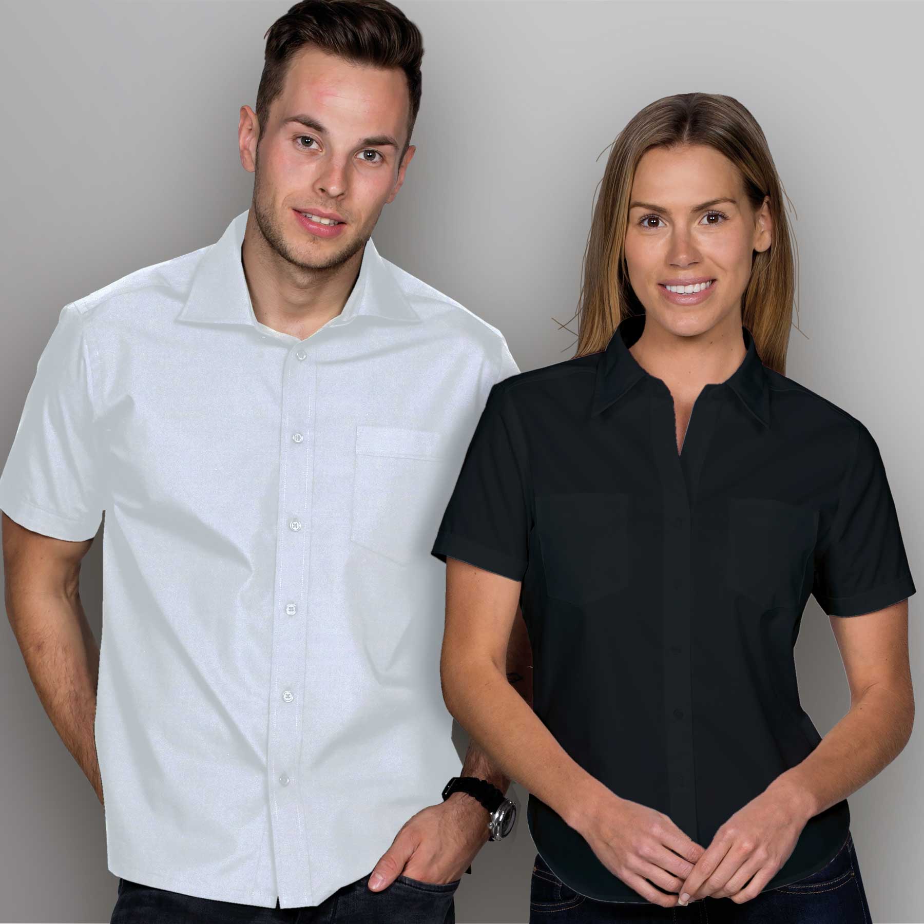 A white button-up shirt for men and a dark button-up shirt for women, both featuring a logo. The Limited Teflon Shirt - Womens - Image 1