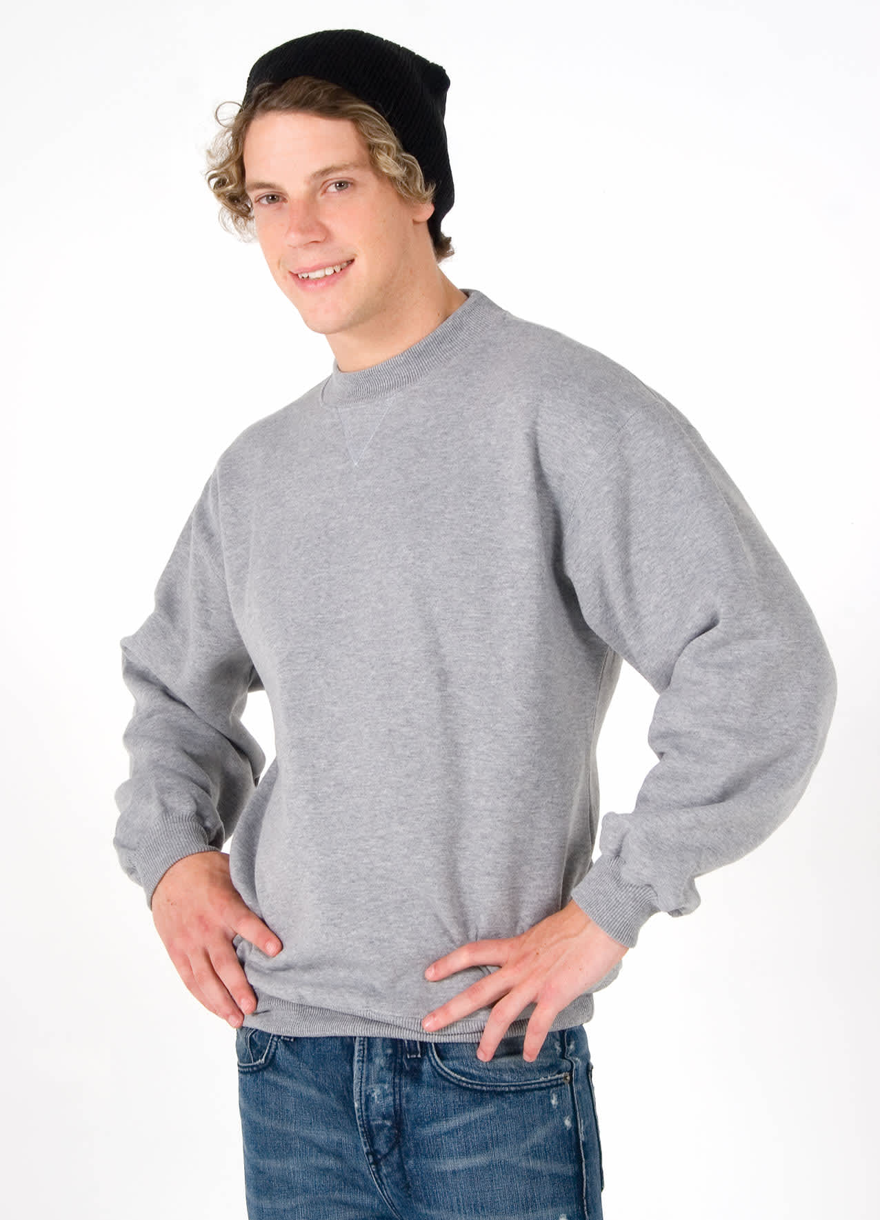 A grey adult poly cotton fleece sloppy joe jumper, displayed on a model wearing a beanie and jeans. Adult Poly cotton fleece sloppy joe - Image 1