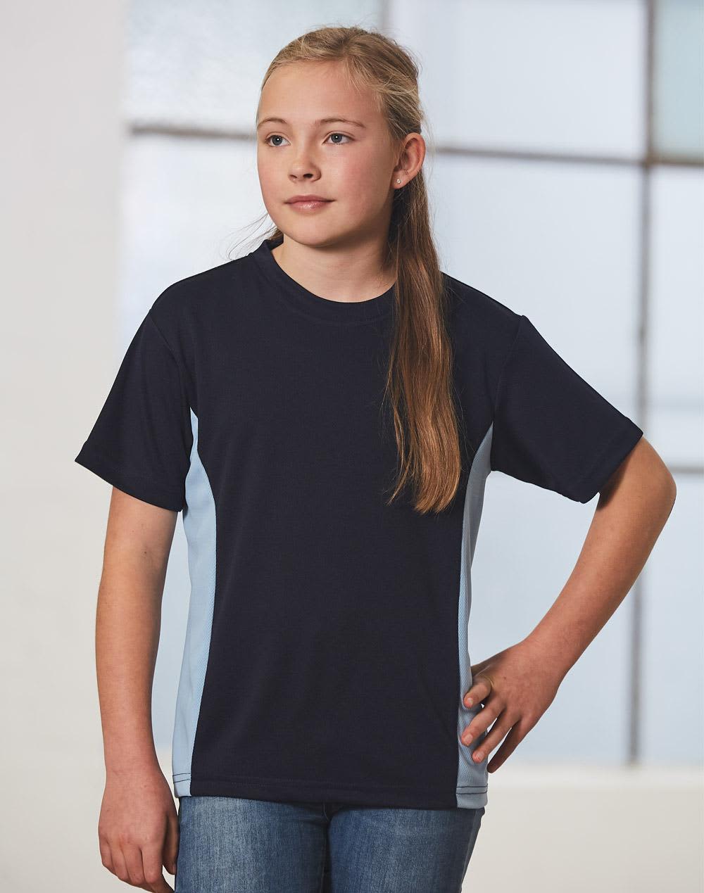 A kids' short-sleeve contrast tee in navy blue and light blue, featuring a logo on the front. kids cooldry S/S contrast tee - Image 1