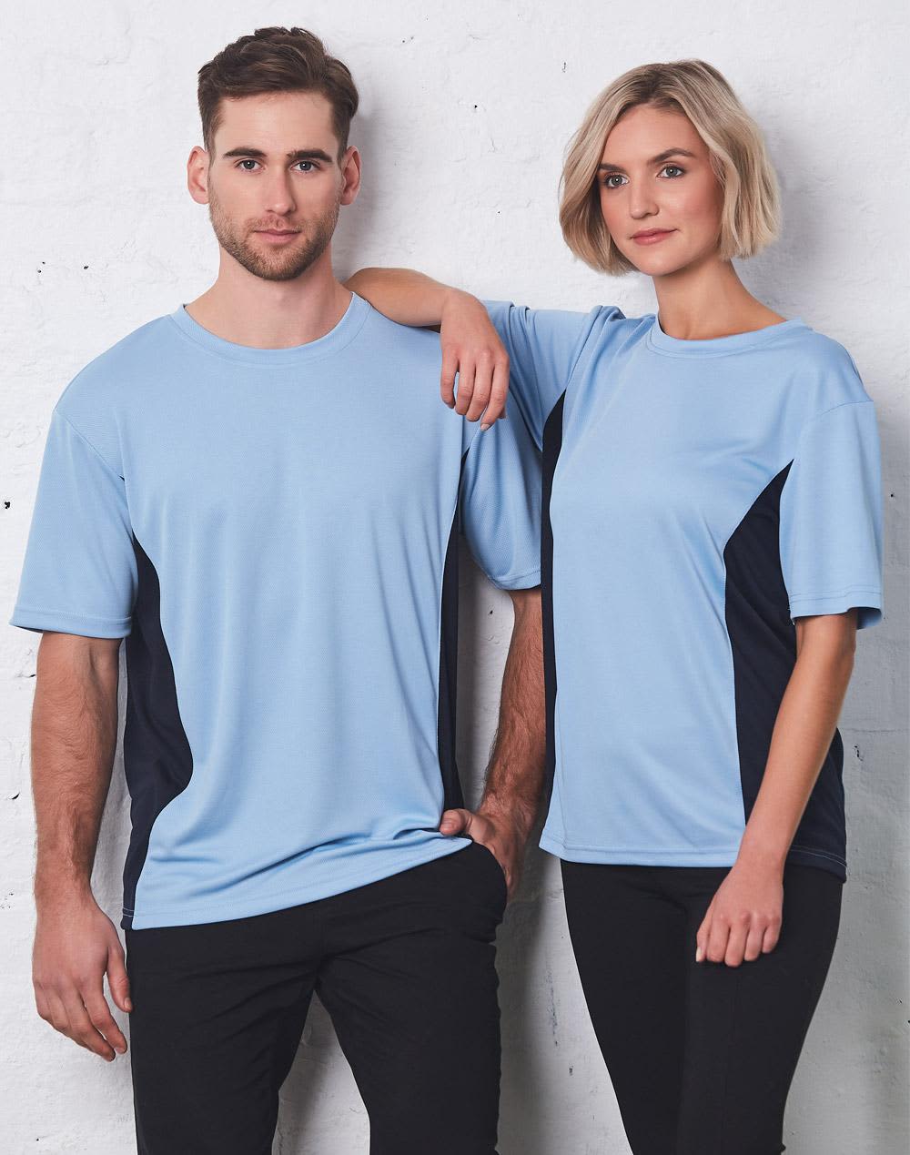 A light blue short sleeve contrast tee featuring navy side panels, displayed by two models against a white background. CoolDry short sleeve contrast tee - Image 1