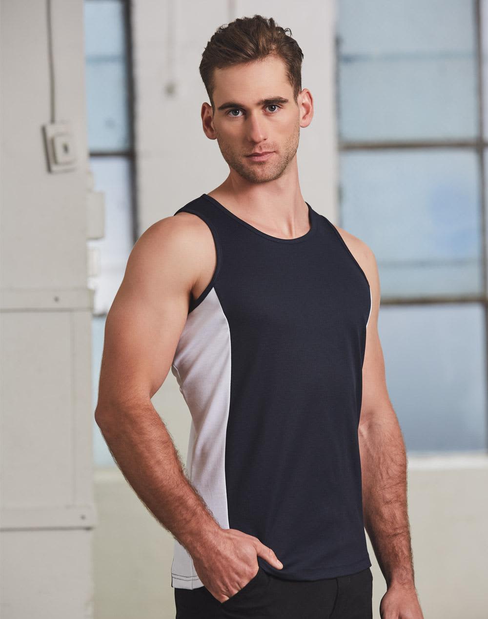 A men's singlet with a navy blue body and white contrast panel, featuring a logo on the front. Men's Truedry Contrast Mesh Singlet - Image 1