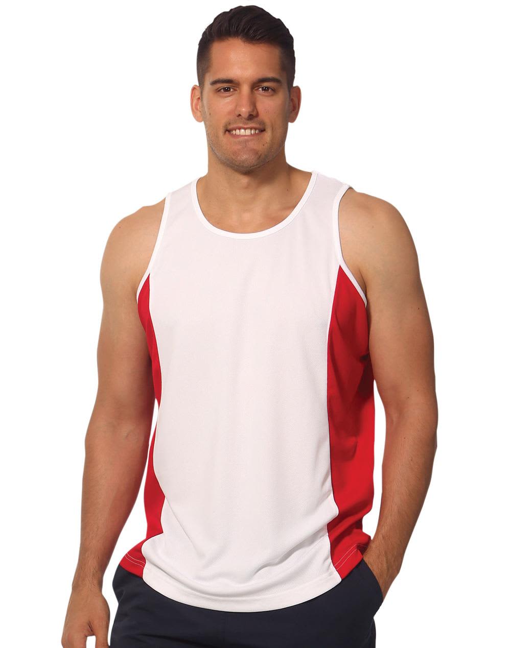 A men's singlet featuring a white body with red contrast mesh panels and a logo. Men's cooldry contrast mesh singlet - Image 1