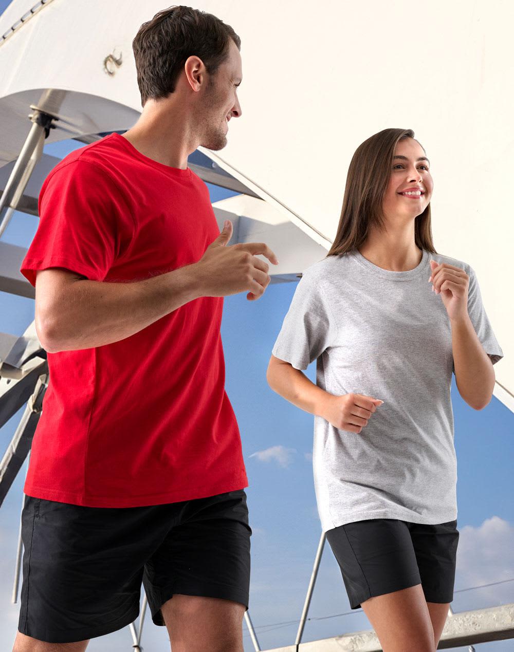 A unisex cotton tee in black and grey, displayed by a man and woman, featuring a logo on the garments. 155gsm Unisex Cotton Tee - Image 1