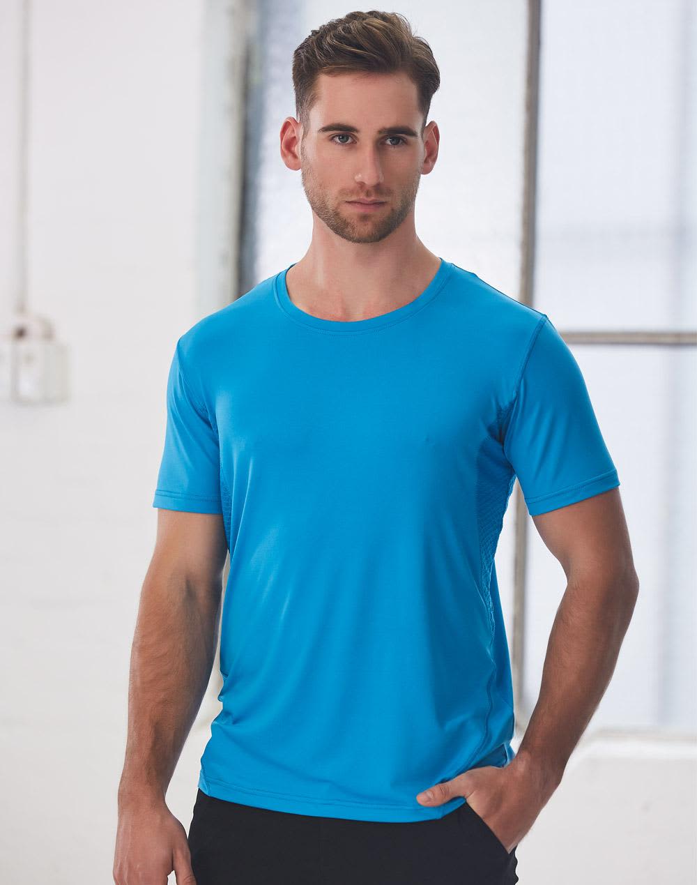 A blue men's Cooldry stretch tee with short sleeves, featuring a subtle logo on the chest. Men's Cooldry Stretch Tee - Image 1