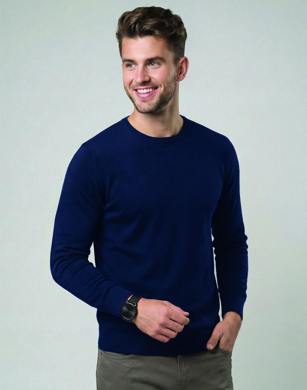A long-sleeved men's tee shirt in blue, paired with black shorts and a red cap, held with a drink bottle. Men's Premium Cotton Face L/S Tee Shirt - Image 1