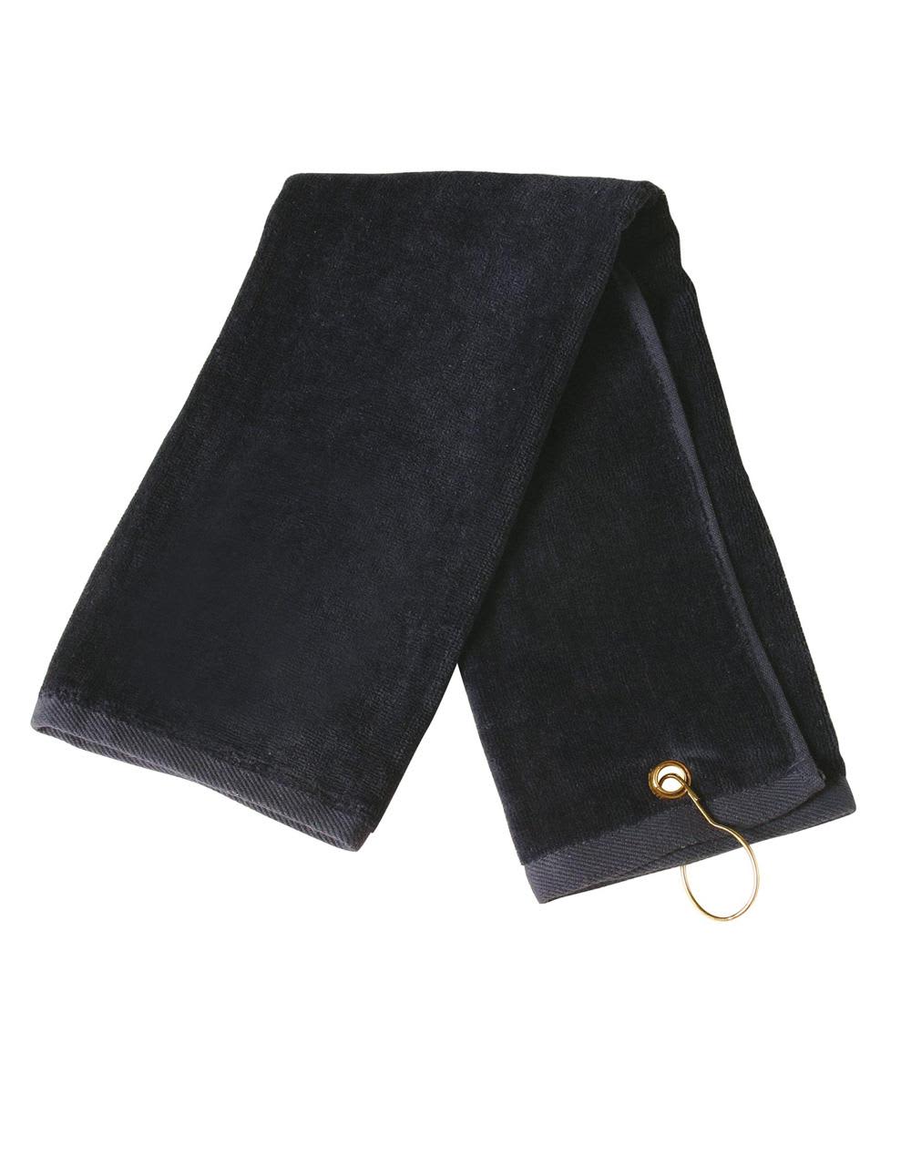 A black golf towel with an eyelet hook, measuring 38 x 65 cm, features a simple design and soft texture. Golf towel eyelet hook 38 x 65 cm - Image 1