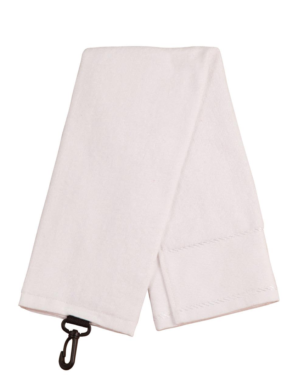 A white golf towel with a hook for attaching. It features a simple design and is made from absorbent material. Golf Towel With Hook - Image 1