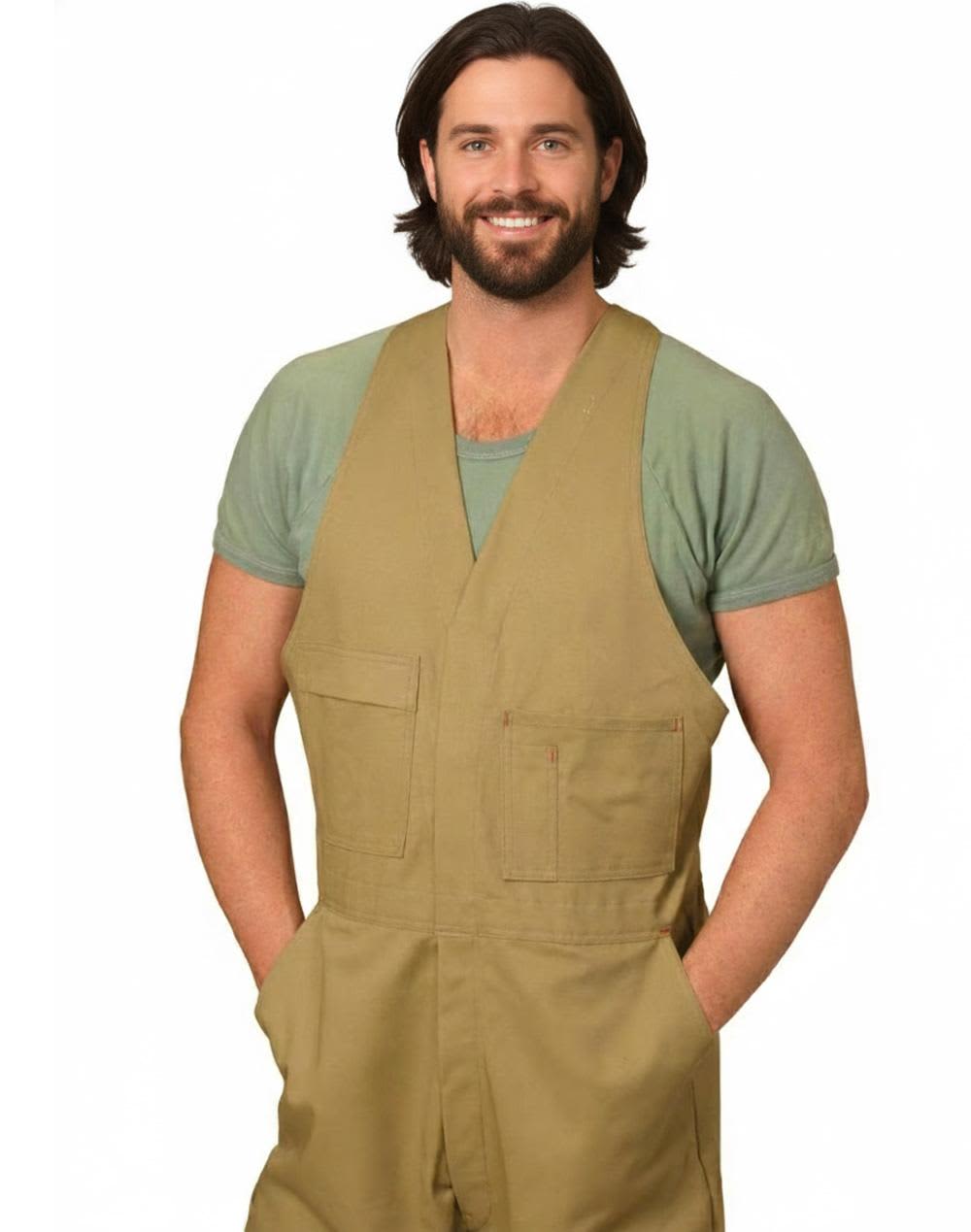 Men's cotton drill overall in beige, featuring a sleeveless design and front pockets. Includes a branding logo. Men's Cotton Drill Action Back Overall-Regular - Image 1