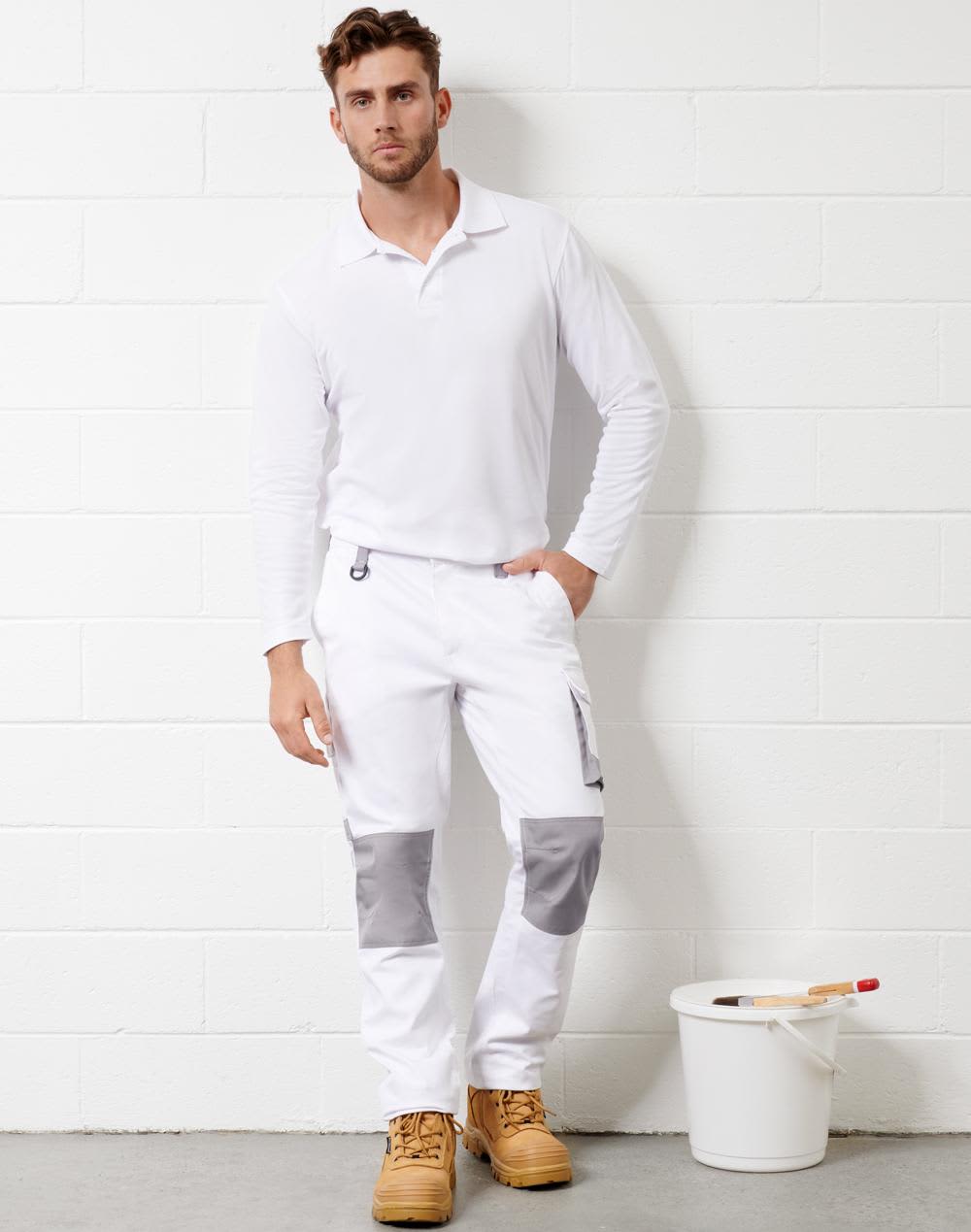 Unisex utility stretch cargo work pants in white with grey accents, featuring pockets. Model wearing a long-sleeve white shirt. Unisex Utility Stretch Cargo Work Pants - Image 1