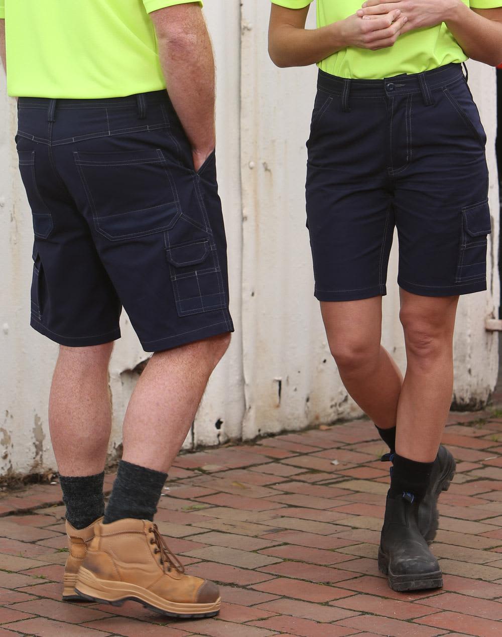 Lightweight semi-fitted Cordura work shorts in navy, featuring multiple pockets and a logo. Suitable for outdoor work. Light Weight Semi-Fitted Cordura Work Shorts - Image 1