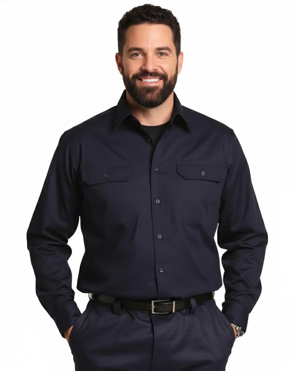 A man wearing a navy long-sleeve cotton work shirt with two front pockets and a button-down collar. cool-breeze L/S cotton work shirt - Image 1
