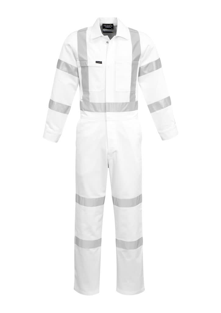 A white overall featuring reflective stripes, complete with a front zip and pockets, designed for men. Mens Bio Motion X Back Overall - Image 1
