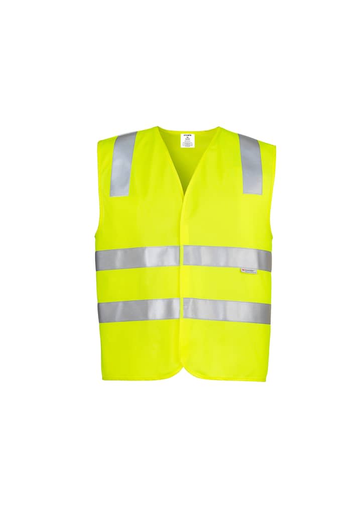 A unisex hi-vis vest in bright yellow with reflective silver stripes, featuring a simple design and no sleeves. Unisex Hi Vis Basic Vest - Image 1