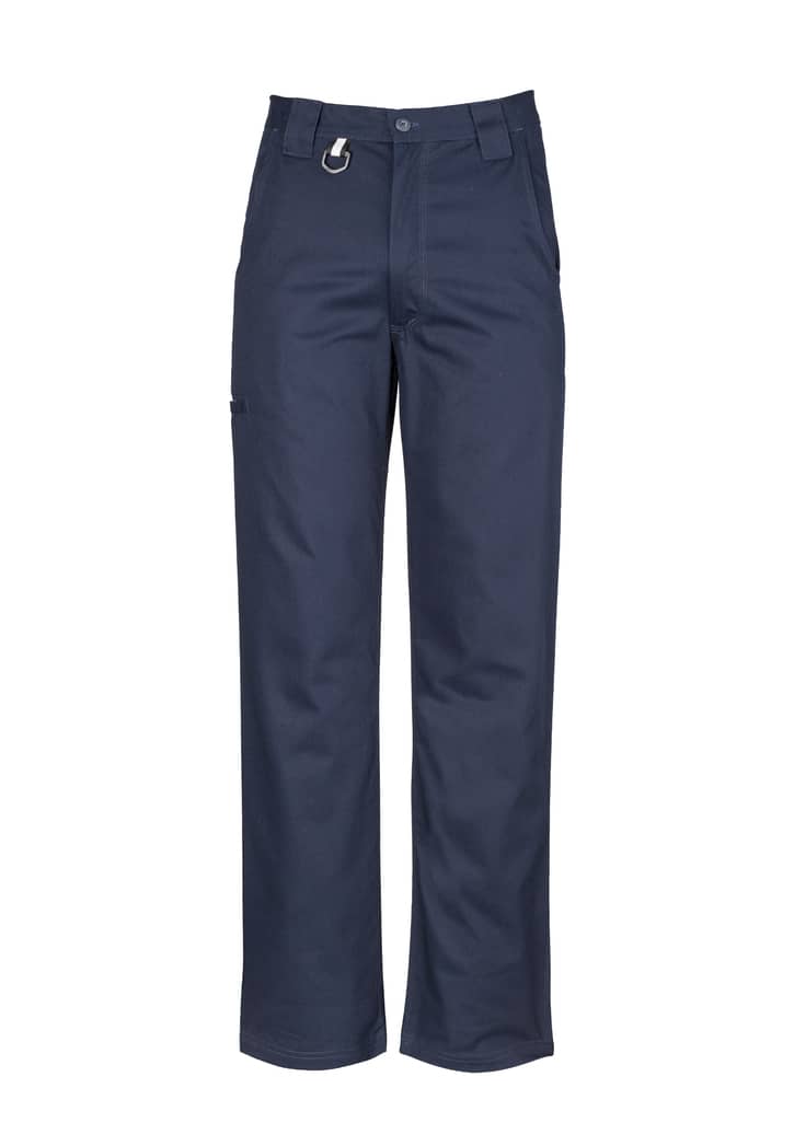 A pair of navy blue men's utility pants featuring a side pocket and a belt loop, with a logo on the waistband. Mens Plain Utility Pant - Image 1