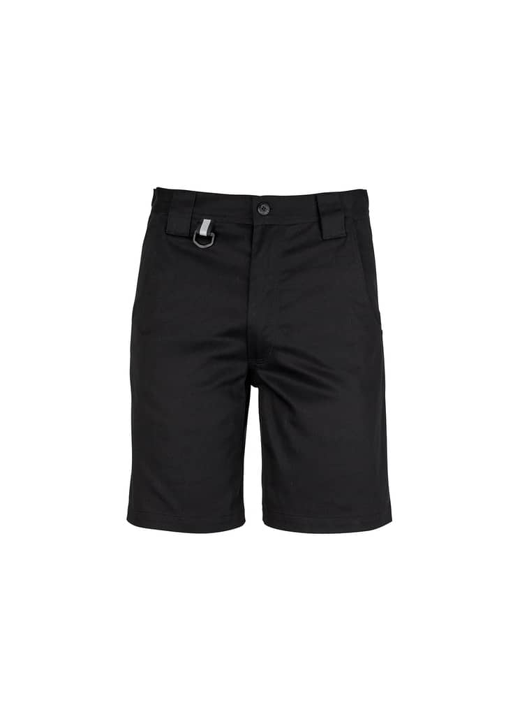Plain black utility shorts featuring a front button and belt loop. Includes a logo on the waistband. Mens Plain Utility Short - Image 1