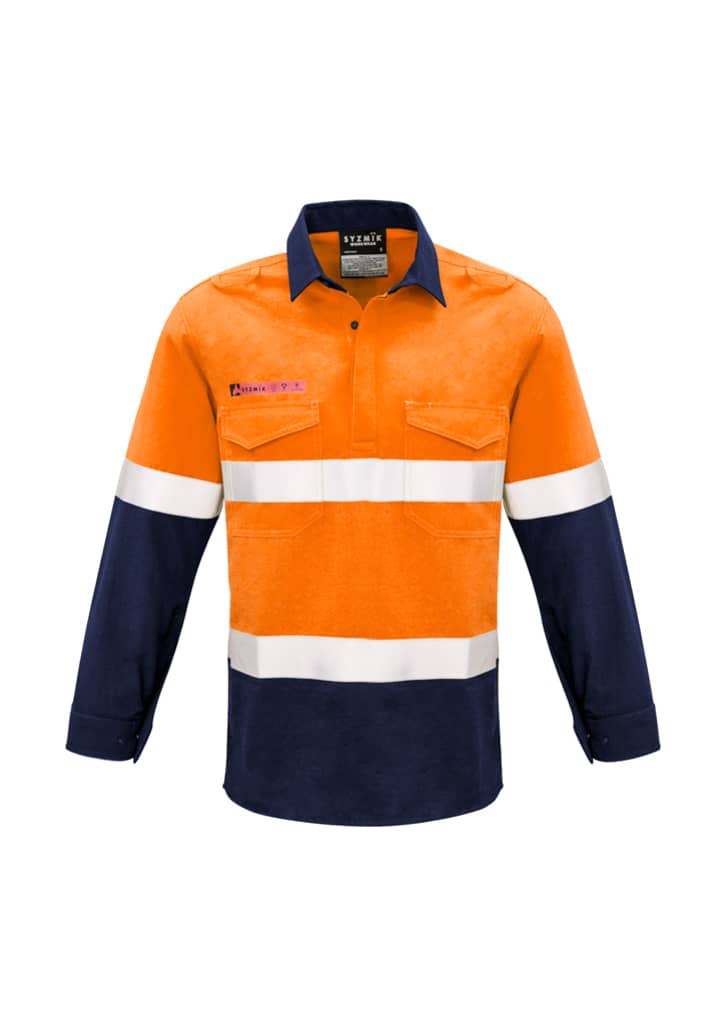 FR closed front hooped taped shirt in orange and navy, featuring reflective stripes and a logo. Long sleeves with pockets. Mens FR Closed Front Hooped Taped Spliced Shirt - Image 1