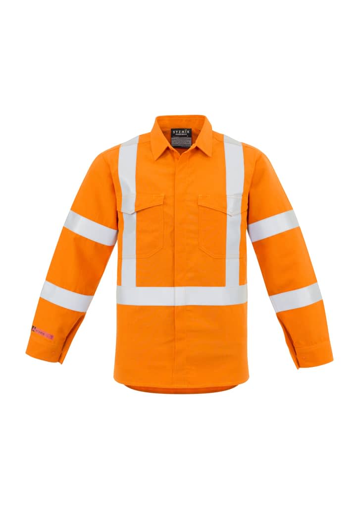 A men's hi-vis orange work shirt featuring reflective stripes and long sleeves. The shirt includes a logo. Mens Red Flame Hi Vis X Back Shirt - Image 1