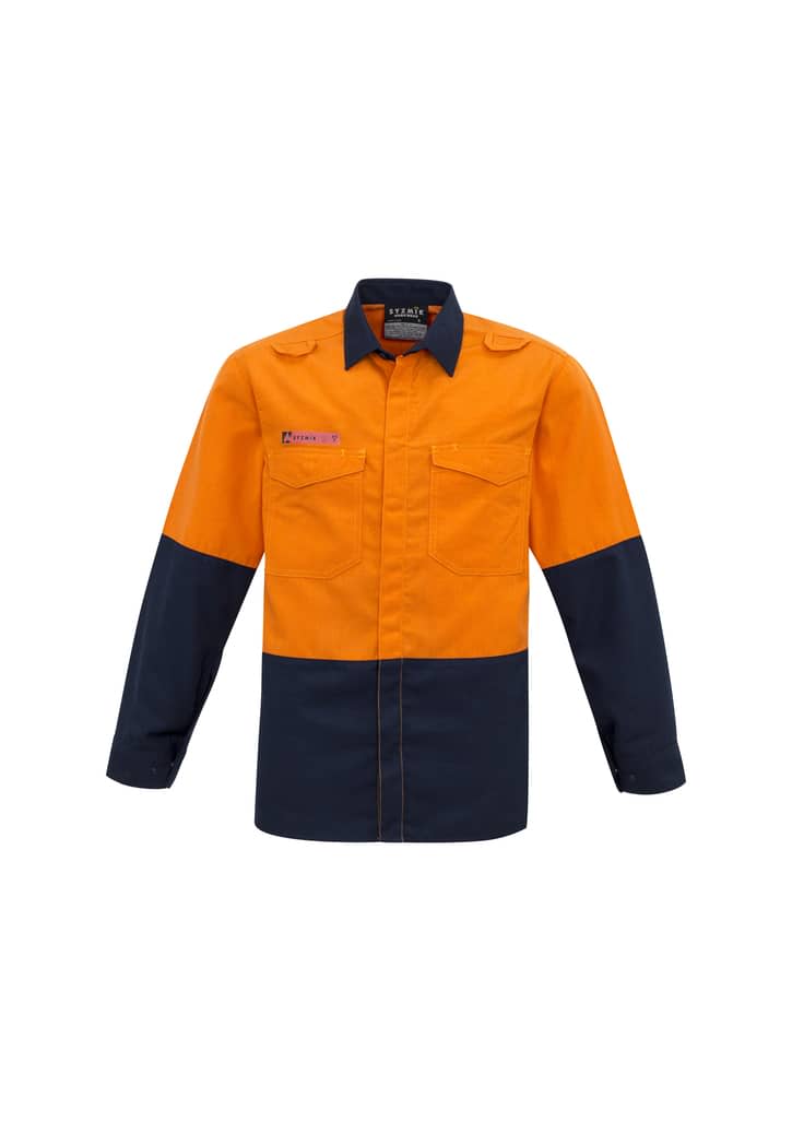 A high visibility spliced shirt featuring orange and navy colours, with two front pockets and a branding logo. Mens Hi Vis Spliced Shirt - Image 1