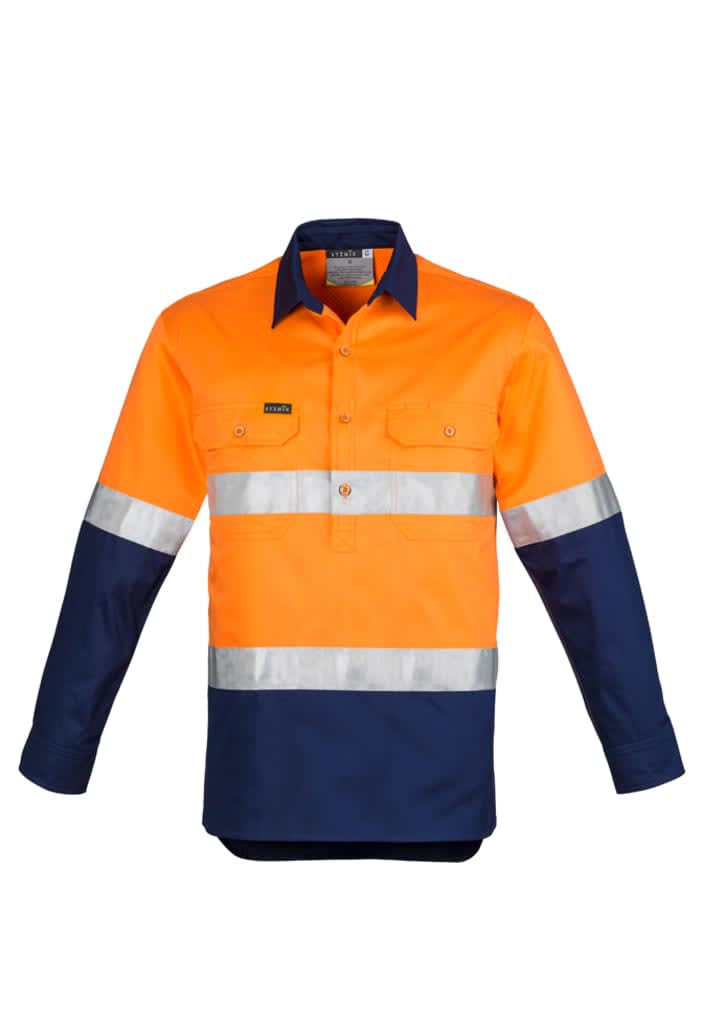 A long sleeve work shirt featuring orange and navy colours with reflective hoop tape and a logo. Mens Closed Front Long Sleeve Shirt - Hoop Taped - Image 1