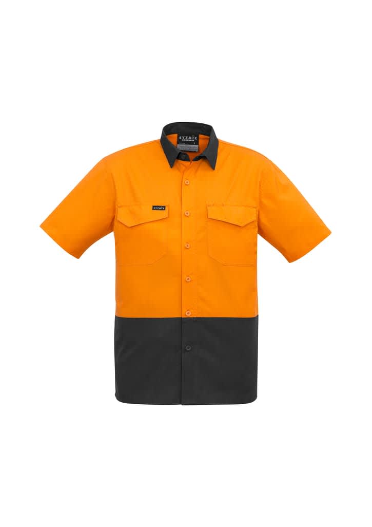 A short sleeve shirt in orange and black with a collar, featuring front pockets and a logo on the chest. Mens Rugged Cooling Hi Vis Short Sleeve Shirt - Image 1