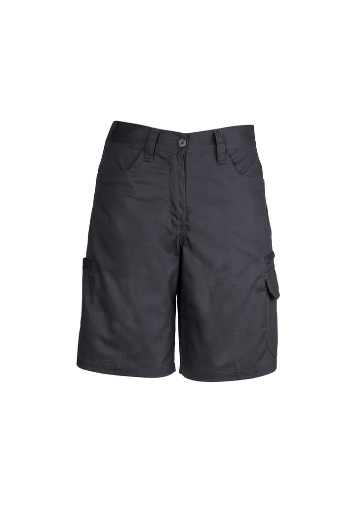 A pair of women's plain black utility shorts with multiple pockets and a button closure. It features a logo. Womens Plain Utility Short - Image 1