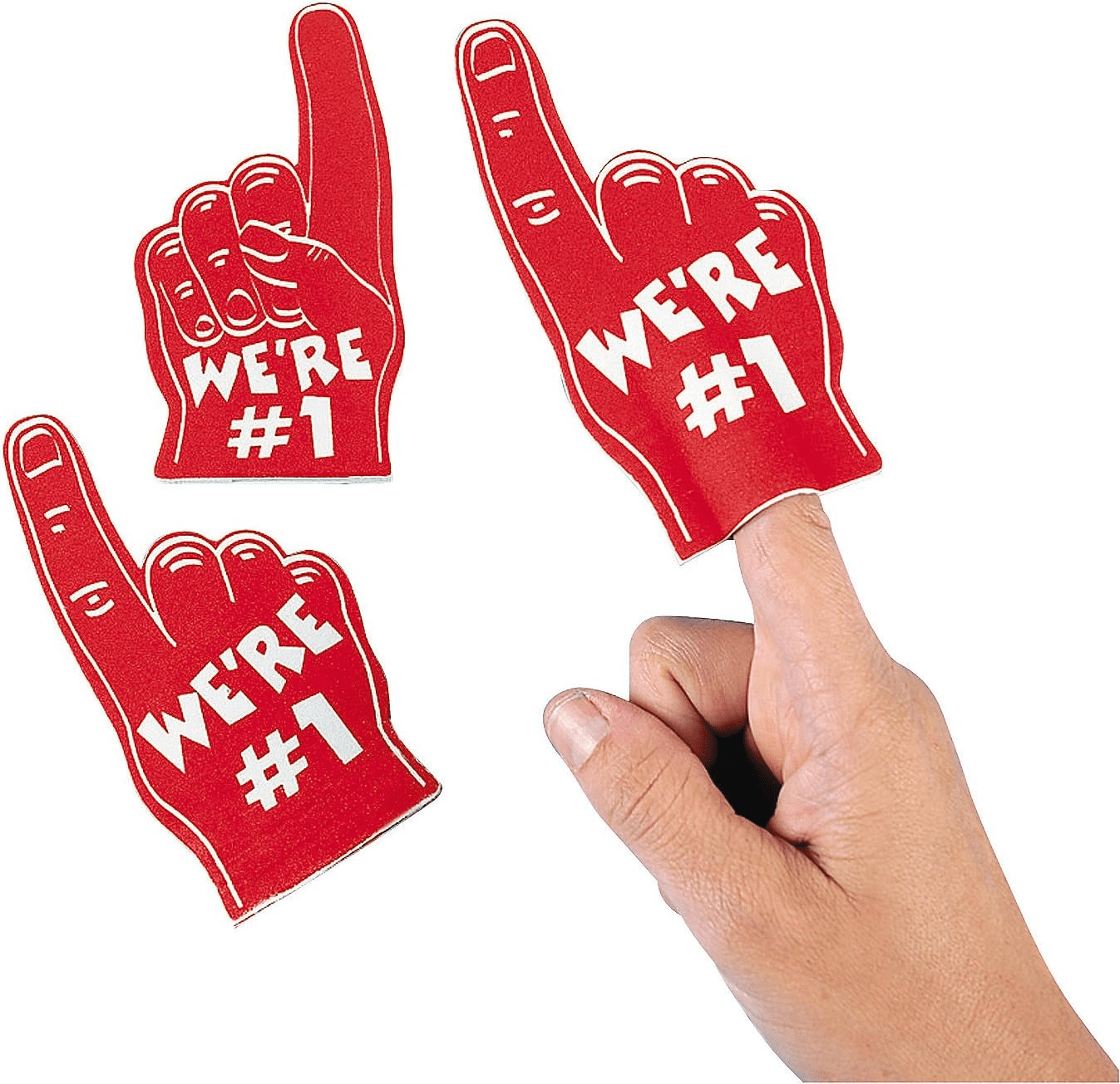 A hand holding a red mini foam finger, with two additional foam fingers nearby, all featuring a number one design. Mini Foam Finger - Image 1